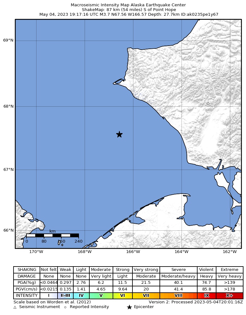 USGS ShakeMap intensity contours for the M3.8 earthquake near 88 km WSW of Kivalina, Alaska