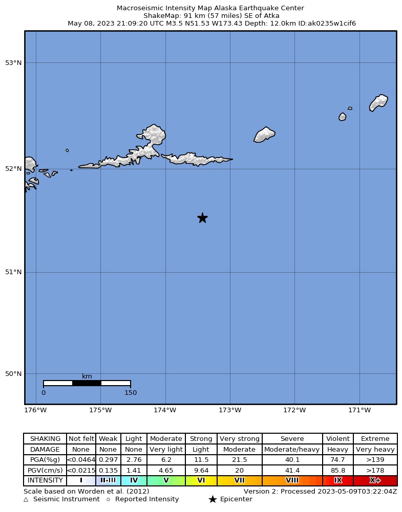 USGS ShakeMap intensity contours for the M3.7 earthquake near 97 km SE of Atka, Alaska