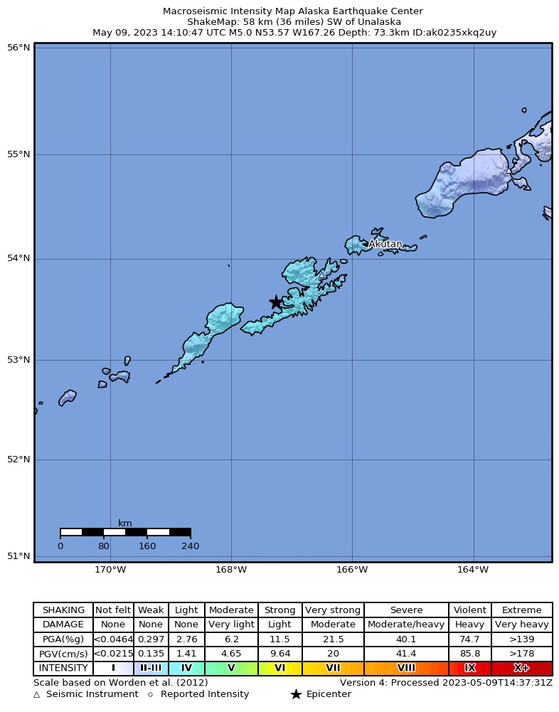 USGS ShakeMap intensity contours for the M4.9 earthquake near 59 km WSW of Unalaska, Alaska