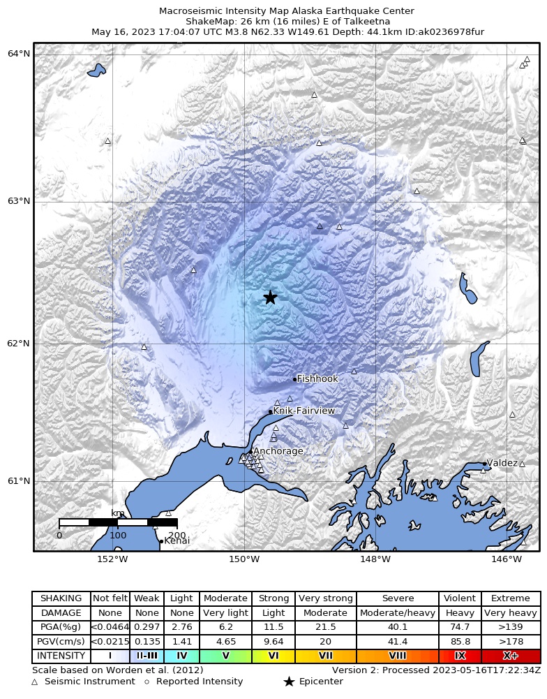 USGS ShakeMap intensity contours for the M3.8 earthquake near 23 km NE of Susitna North, Alaska