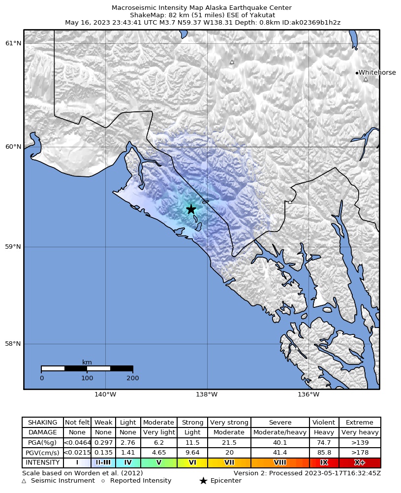 USGS ShakeMap intensity contours for the M3.7 earthquake near 81 km ESE of Yakutat, Alaska