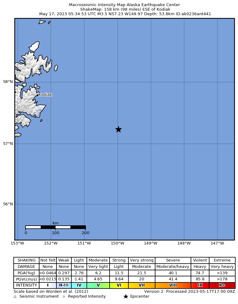 USGS ShakeMap: estimated shaking intensity around the epicenter