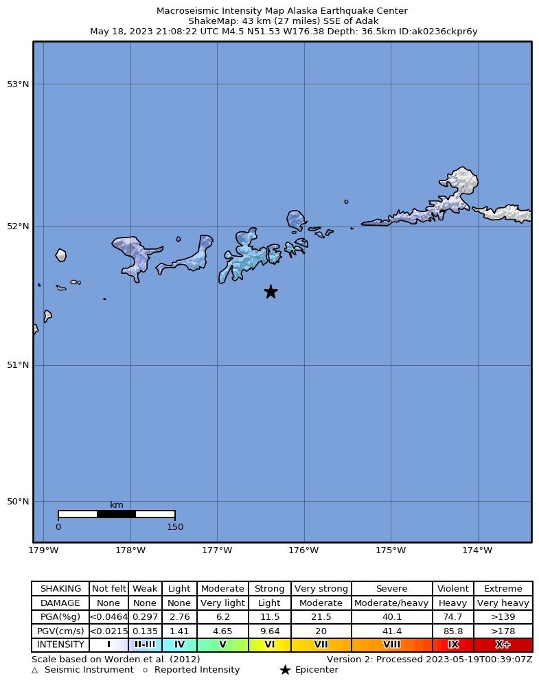 USGS ShakeMap intensity contours for the M4.6 earthquake near 15 km SE of Adak, Alaska