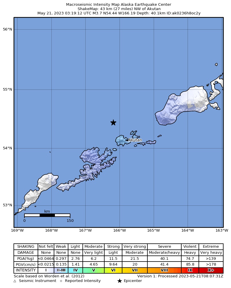 USGS ShakeMap: estimated shaking intensity around the epicenter