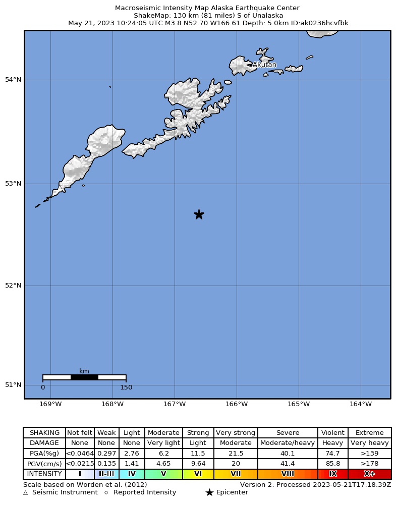USGS ShakeMap: estimated shaking intensity around the epicenter