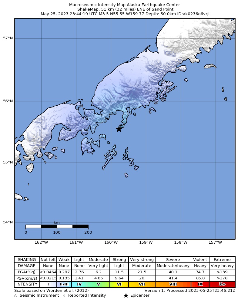 USGS ShakeMap intensity contours for the M3.5 earthquake near 53 km S of Ivanof Bay, Alaska