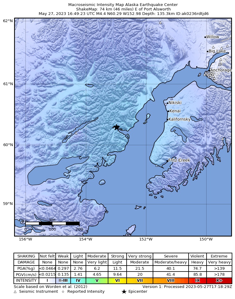 USGS ShakeMap intensity contours for the M4.4 earthquake near 74 km E of Port Alsworth, Alaska