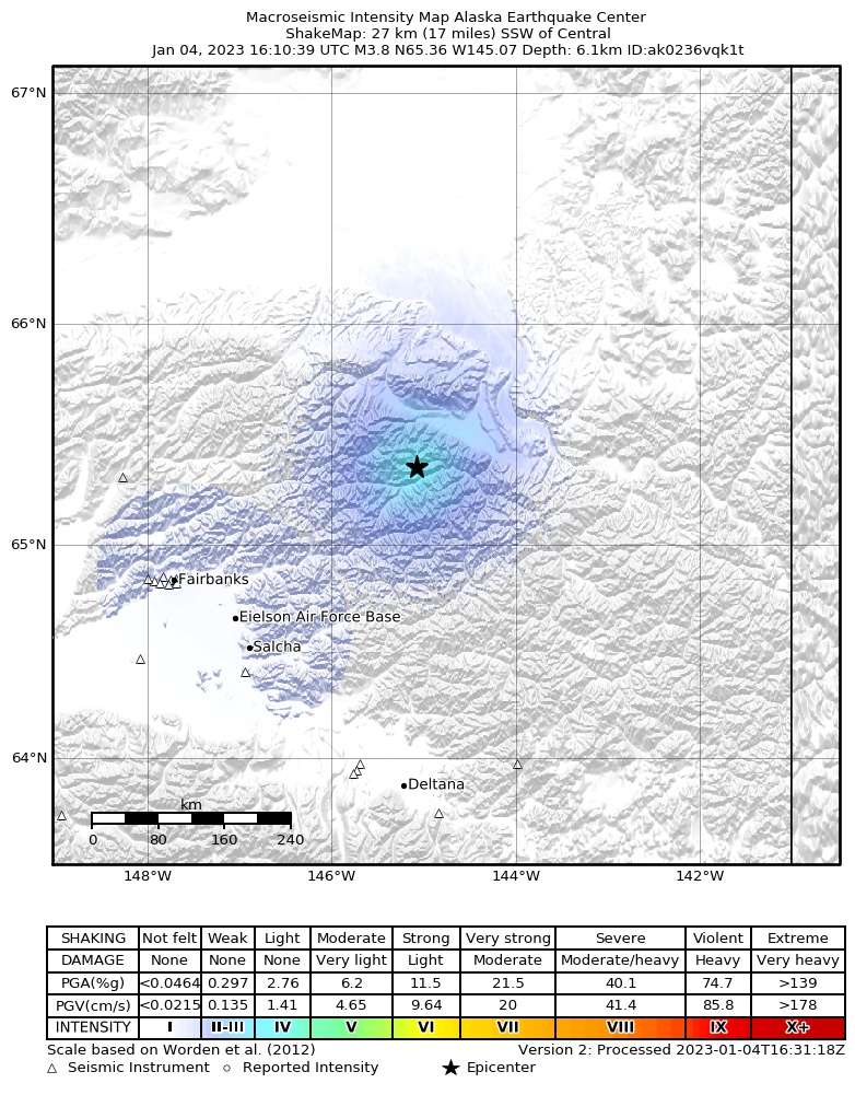 USGS ShakeMap intensity contours for the M3.8 earthquake near 24 km S of Central, Alaska