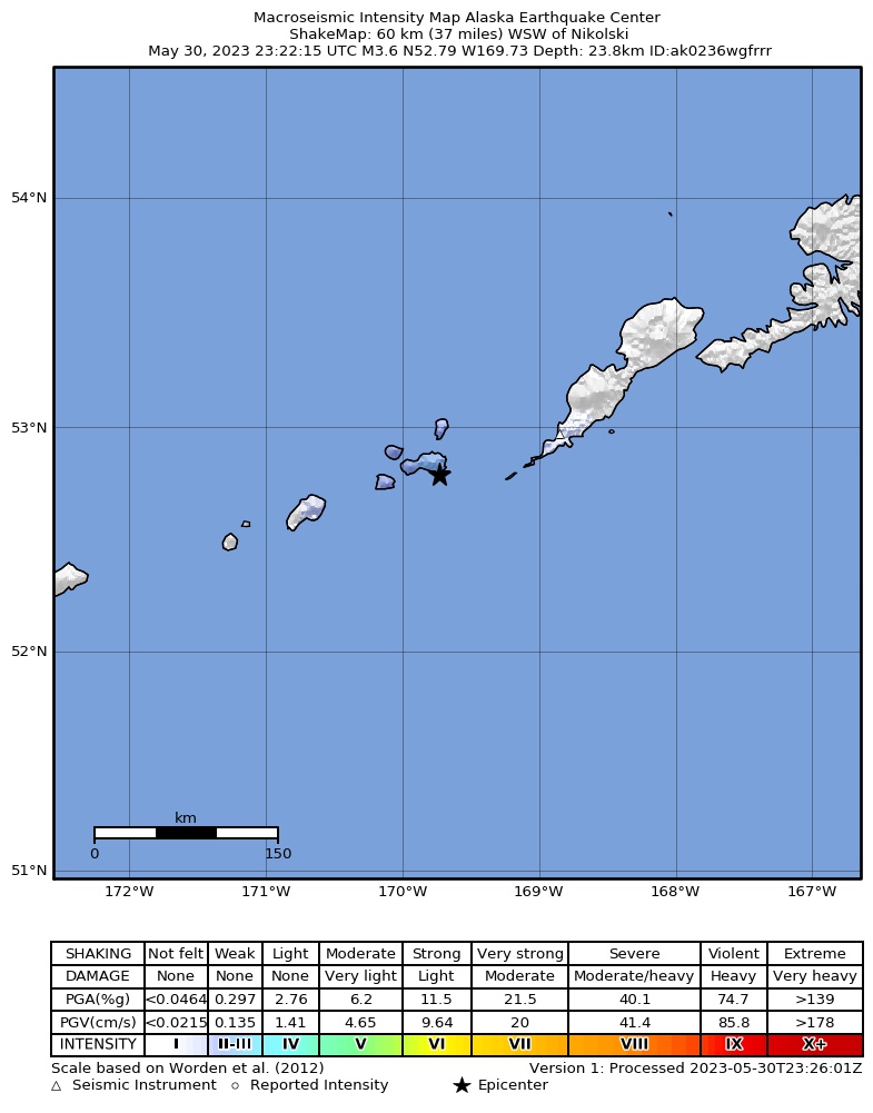 USGS ShakeMap intensity contours for the M3.6 earthquake near Fox Islands, Aleutian Islands, Alaska
