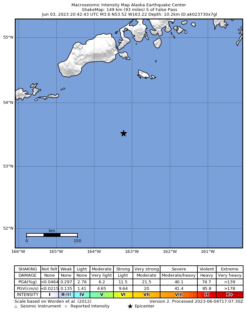 USGS ShakeMap intensity contours for the M4.0 earthquake near 149 km S of False Pass, Alaska