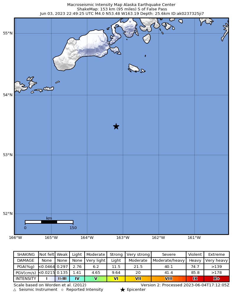 USGS ShakeMap intensity contours for the M4.6 earthquake near 150 km S of False Pass, Alaska