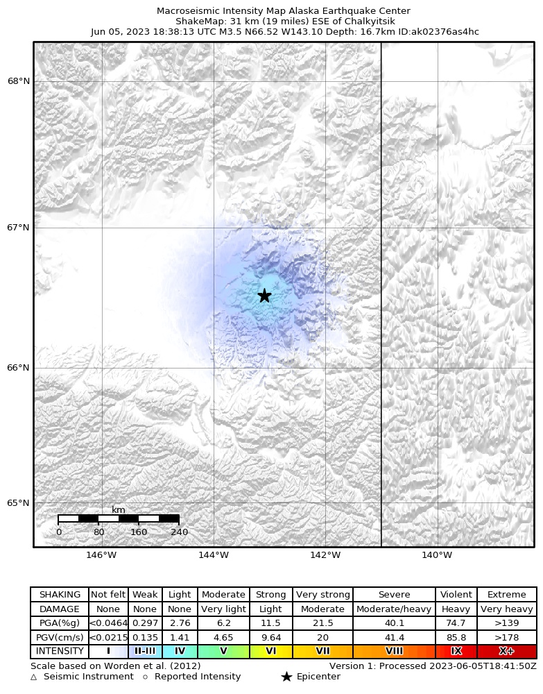 USGS ShakeMap intensity contours for the M3.4 earthquake near 33 km NE of Circle, Alaska