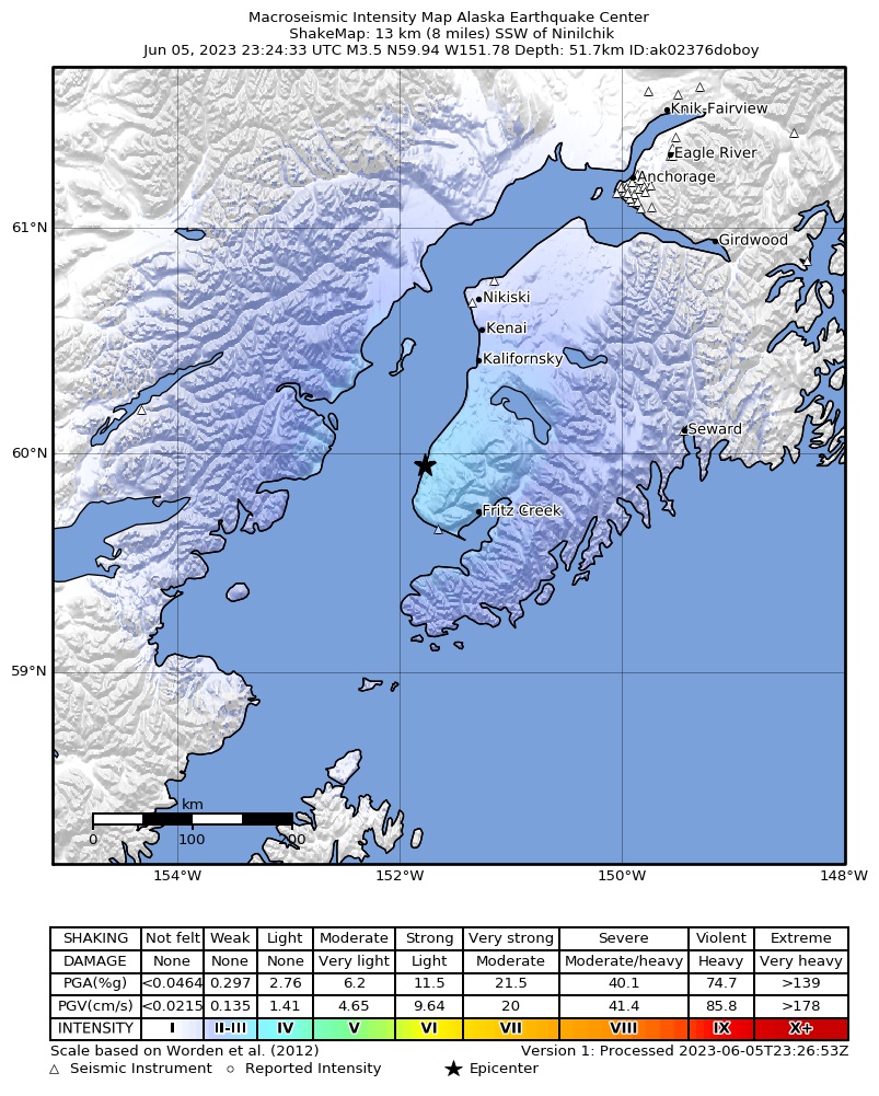 USGS ShakeMap intensity contours for the M3.3 earthquake near 3 km SSW of Happy Valley, Alaska