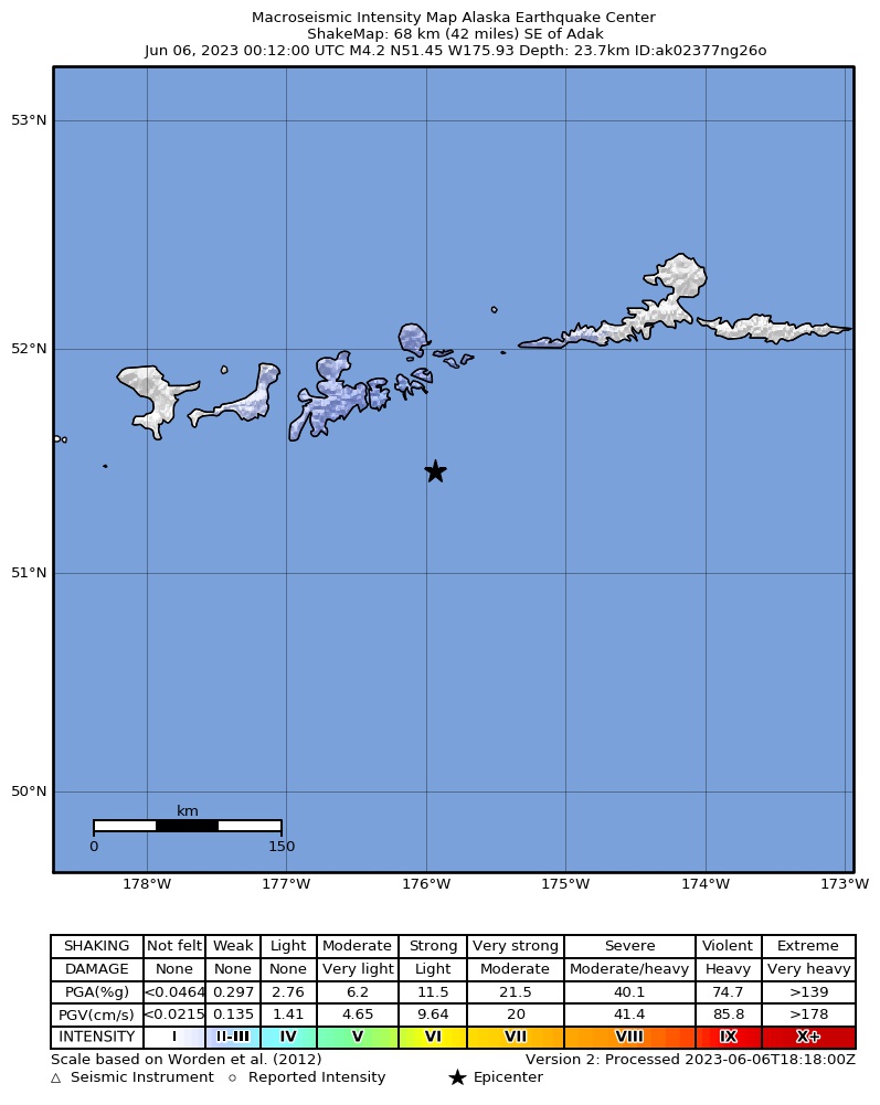 USGS ShakeMap: estimated shaking intensity around the epicenter