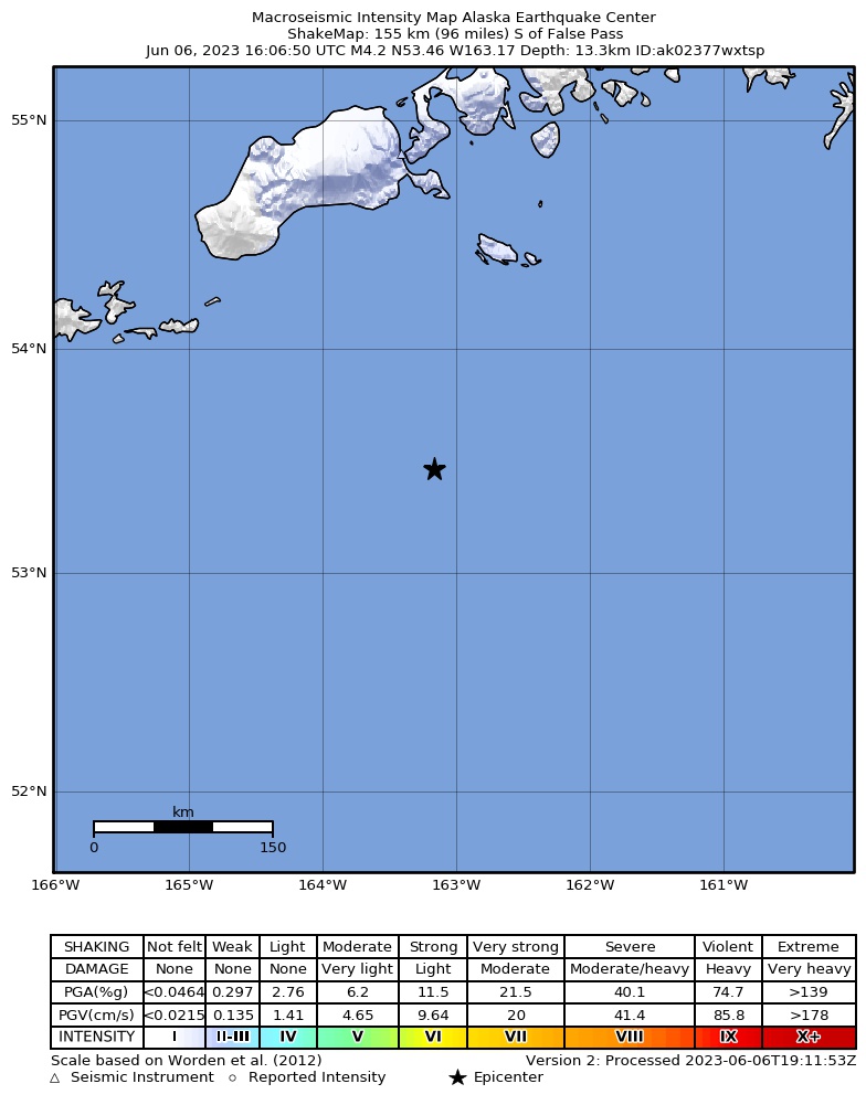 USGS ShakeMap intensity contours for the M4.7 earthquake near 151 km S of False Pass, Alaska