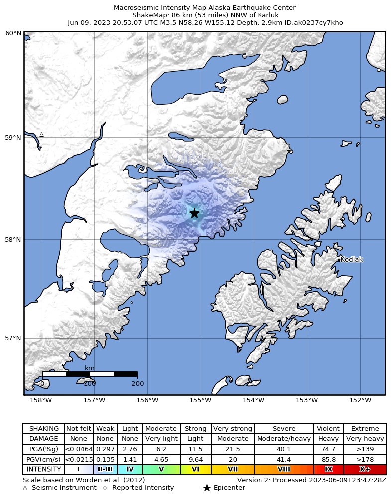USGS ShakeMap intensity contours for the M3.6 earthquake near 86 km NNW of Karluk, Alaska
