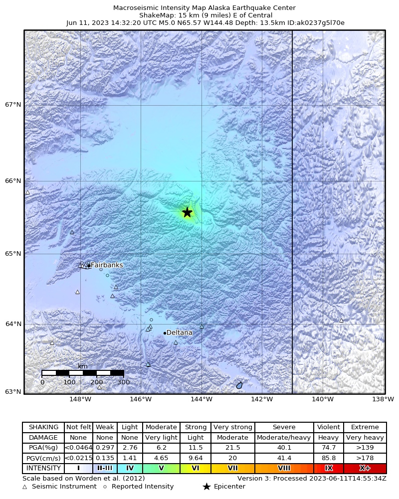 USGS ShakeMap intensity contours for the M4.8 earthquake near 14 km E of Central, Alaska