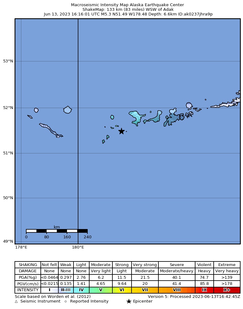 USGS ShakeMap intensity contours for the M5.3 earthquake near 135 km WSW of Adak, Alaska