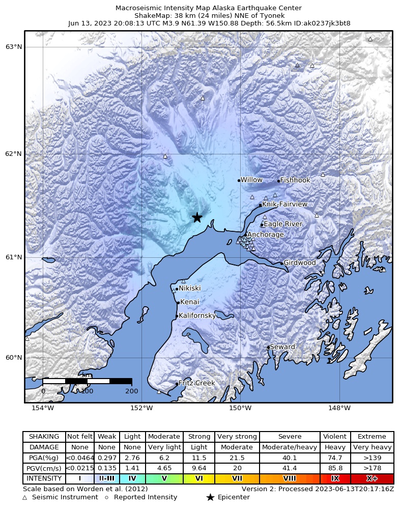 USGS ShakeMap intensity contours for the M3.9 earthquake near 25 km SW of Susitna, Alaska