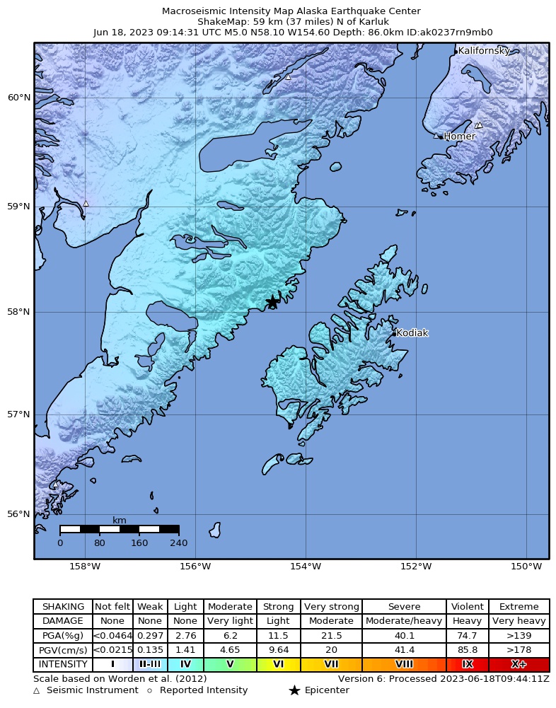 USGS ShakeMap: estimated shaking intensity around the epicenter