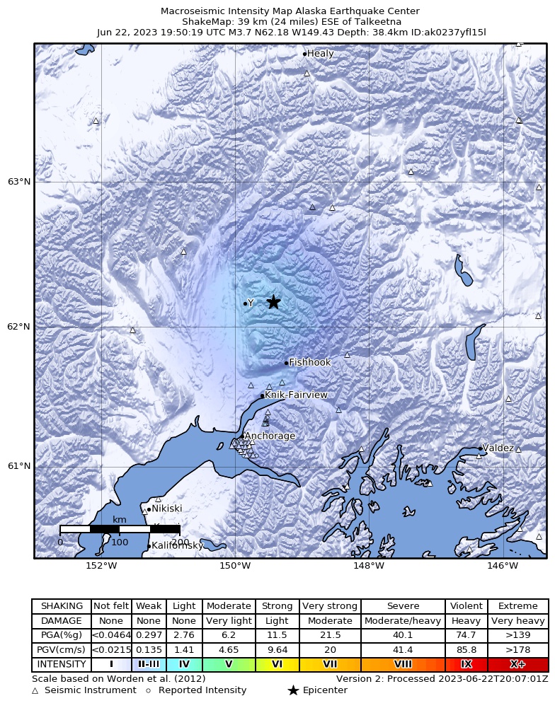 USGS ShakeMap intensity contours for the M3.7 earthquake near Central Alaska