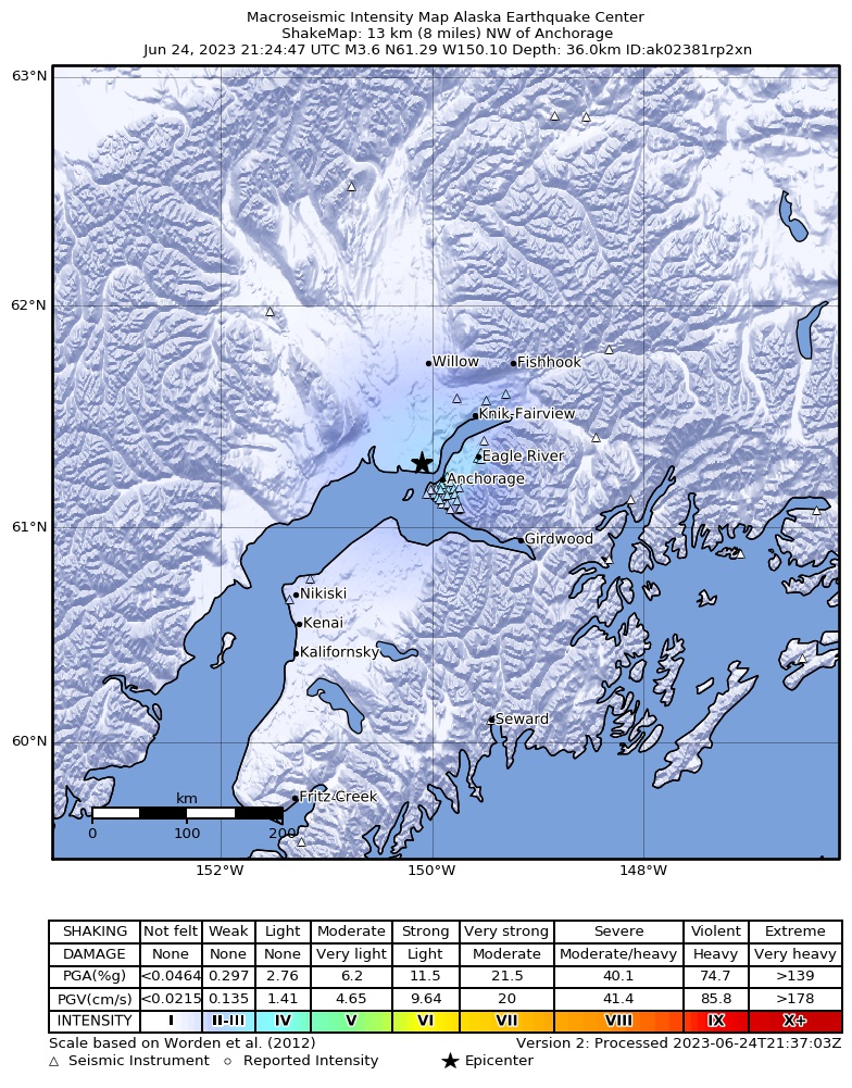 USGS ShakeMap intensity contours for the M3.6 earthquake near 11 km SW of Point MacKenzie, Alaska