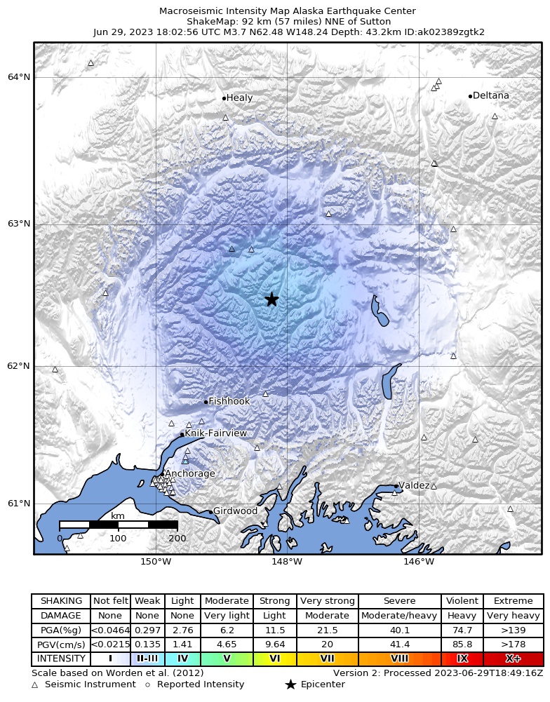 USGS ShakeMap intensity contours for the M3.6 earthquake near 76 km N of Chickaloon, Alaska