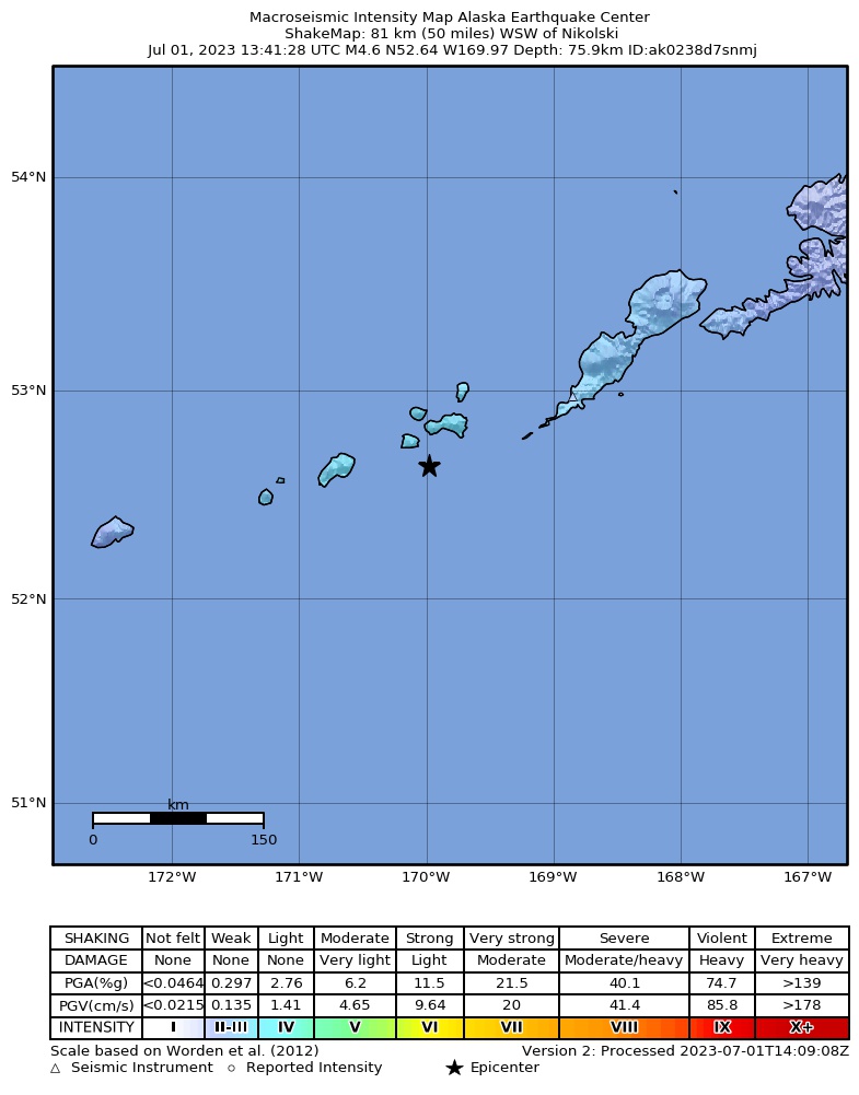 USGS ShakeMap intensity contours for the M4.8 earthquake near 88 km WSW of Nikolski, Alaska