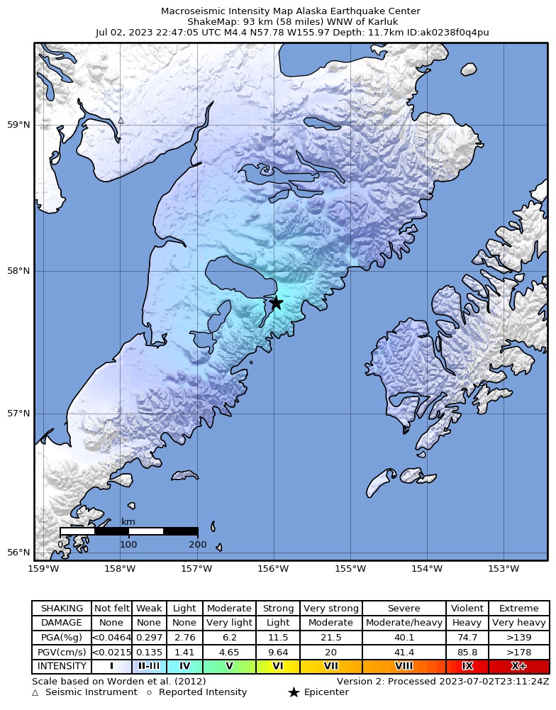 USGS ShakeMap intensity contours for the M4.2 earthquake near Alaska Peninsula