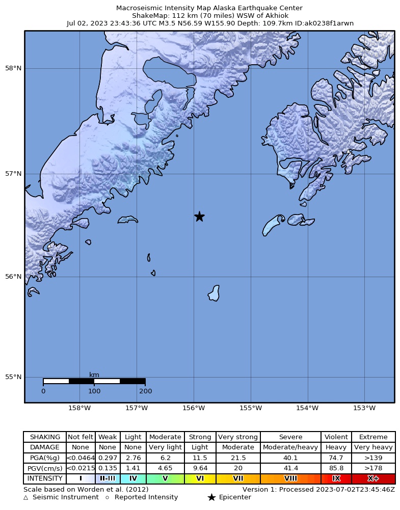 USGS ShakeMap intensity contours for the M3.4 earthquake near 104 km SW of Akhiok, Alaska