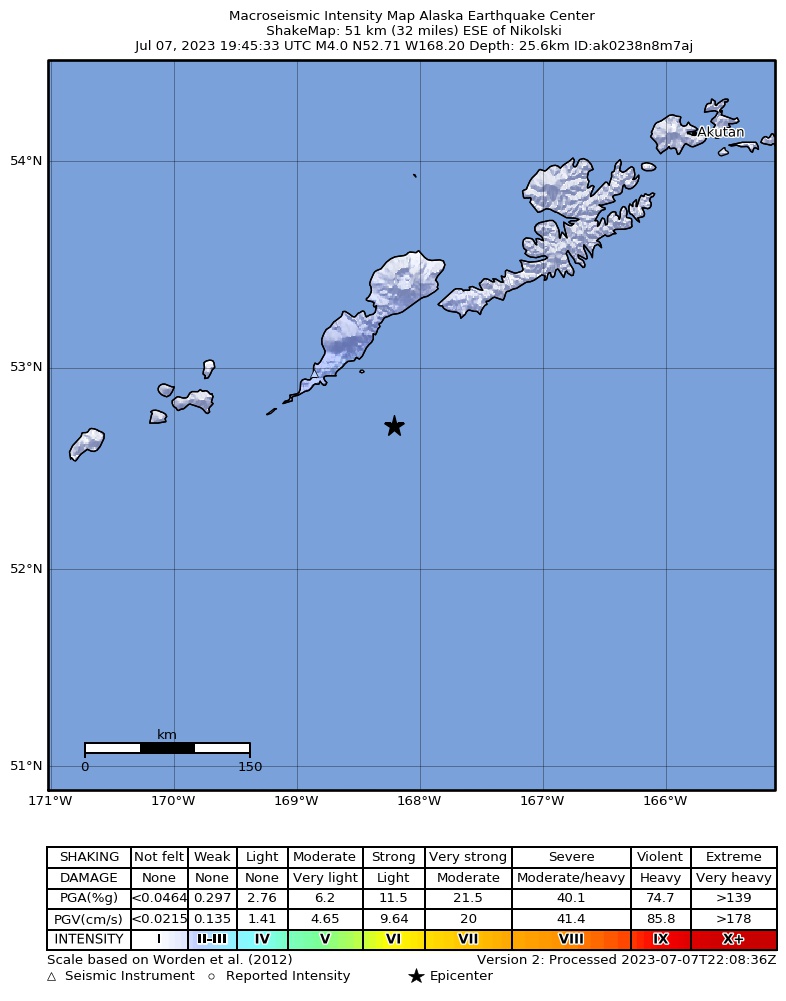 USGS ShakeMap intensity contours for the M4.3 earthquake near 49 km ESE of Nikolski, Alaska