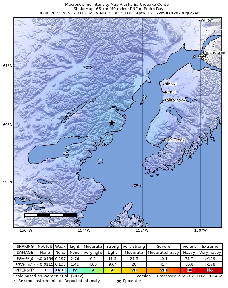 USGS ShakeMap intensity contours for the M3.9 earthquake near 65 km ENE of Pedro Bay, Alaska