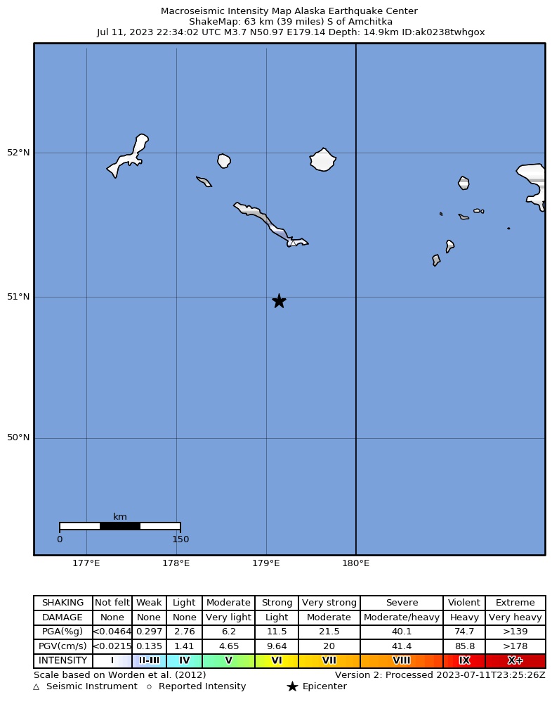 USGS ShakeMap intensity contours for the M3.8 earthquake near Rat Islands, Aleutian Islands, Alaska