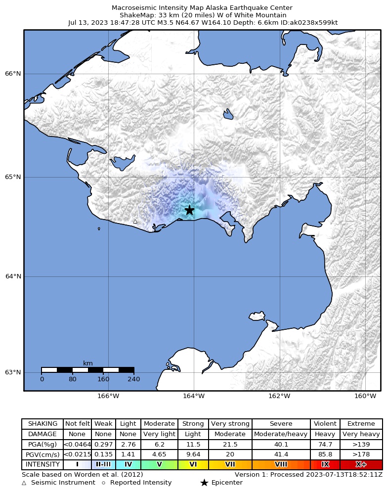 USGS ShakeMap intensity contours for the M3.5 earthquake near 21 km ENE of Solomon, Alaska
