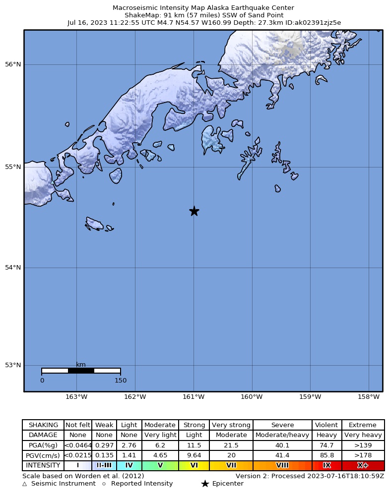 USGS ShakeMap intensity contours for the M4.7 earthquake near 91 km SSW of Sand Point, Alaska