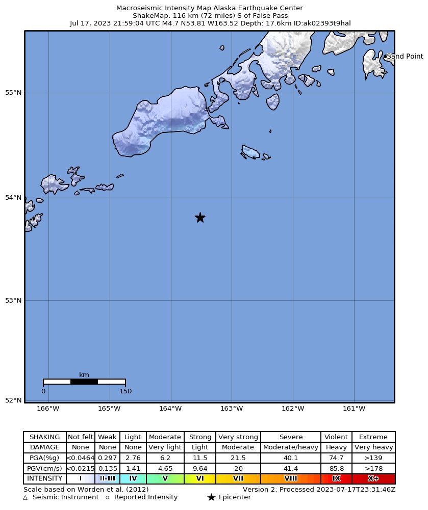 USGS ShakeMap intensity contours for the M4.8 earthquake near 113 km S of False Pass, Alaska