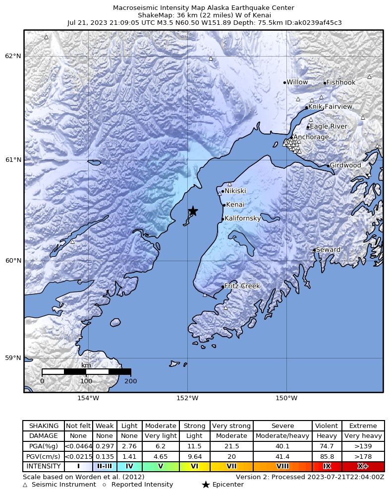 USGS ShakeMap intensity contours for the M3.5 earthquake near 32 km WNW of Kalifornsky, Alaska