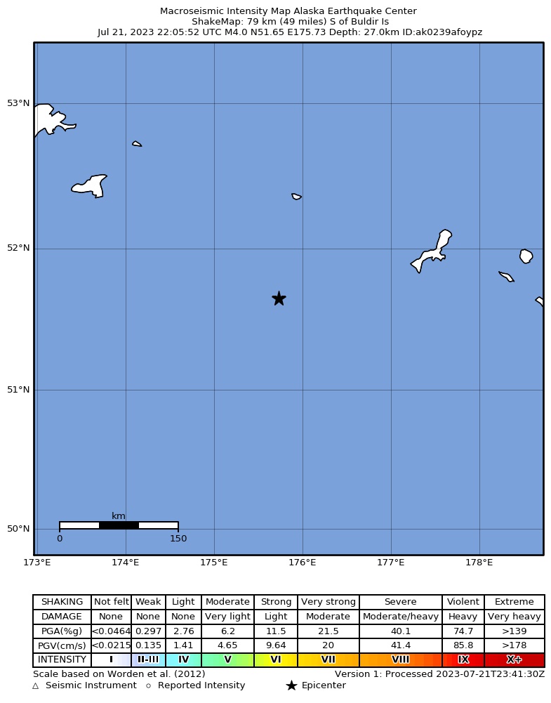 USGS ShakeMap intensity contours for the M4.1 earthquake near 221 km SE of Attu Station, Alaska