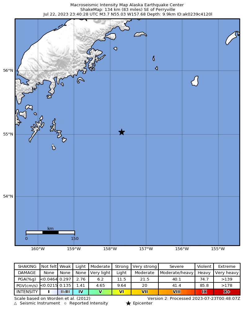 USGS ShakeMap intensity contours for the M3.6 earthquake near 134 km SE of Perryville, Alaska