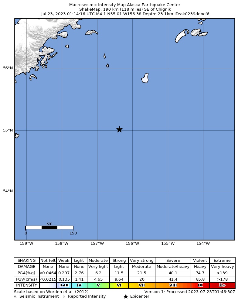 USGS ShakeMap: estimated shaking intensity around the epicenter