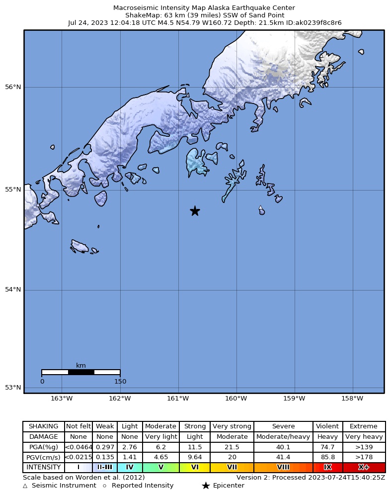 USGS ShakeMap intensity contours for the M4.5 earthquake near 59 km SSW of Sand Point, Alaska