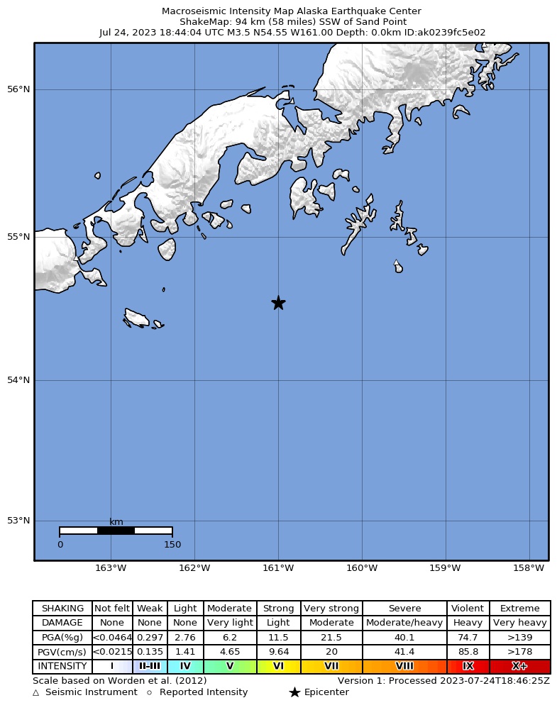 USGS ShakeMap intensity contours for the M3.8 earthquake near 85 km SSW of Sand Point, Alaska
