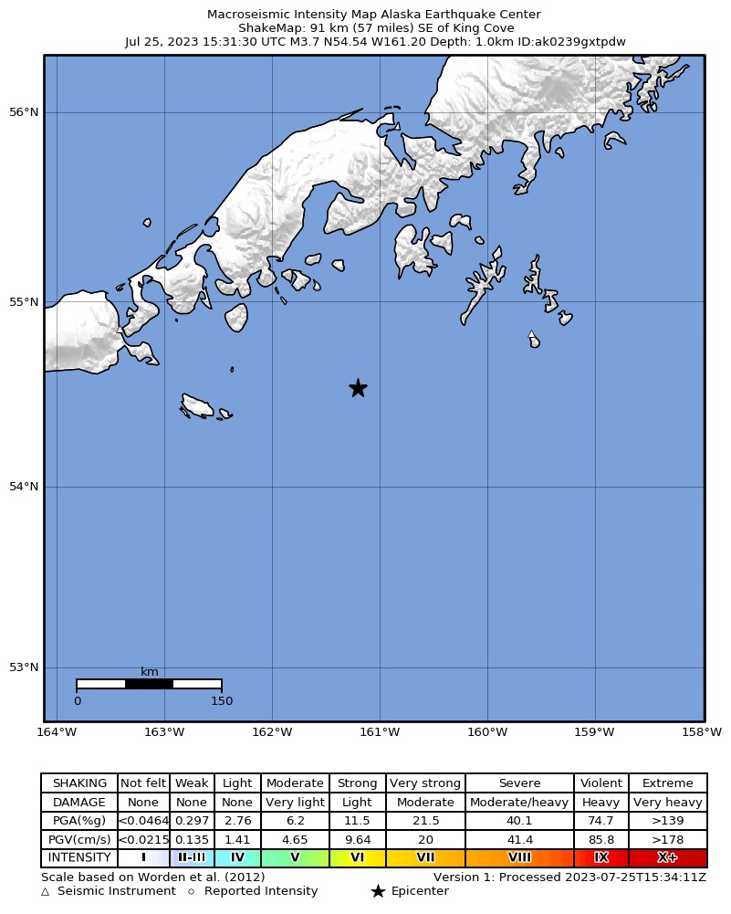 USGS ShakeMap intensity contours for the M3.9 earthquake near 86 km SE of King Cove, Alaska