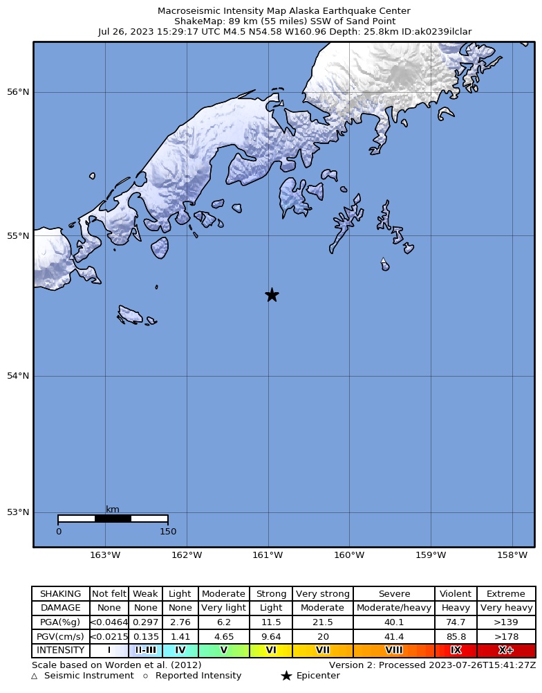 USGS ShakeMap: estimated shaking intensity around the epicenter