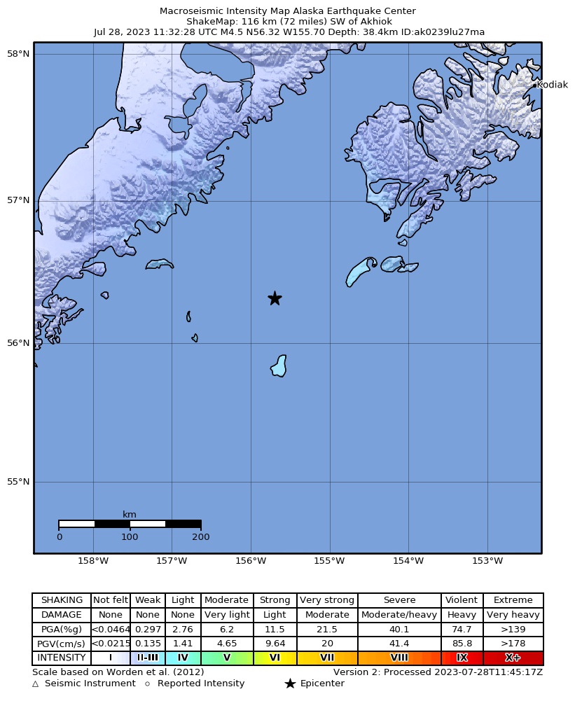 USGS ShakeMap: estimated shaking intensity around the epicenter
