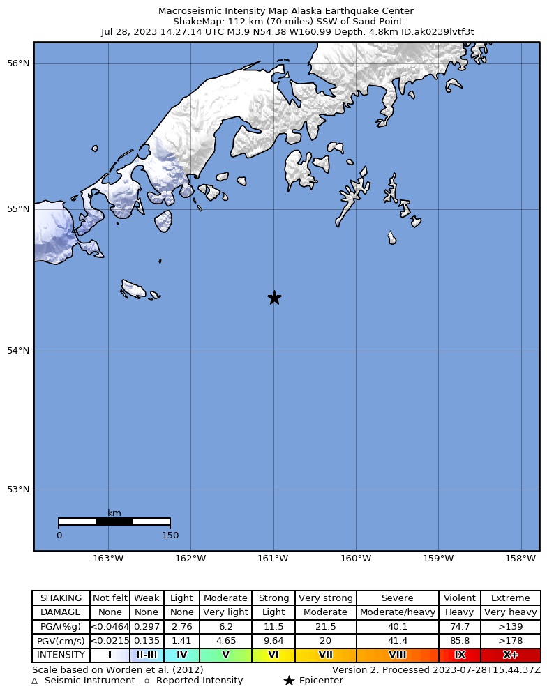 USGS ShakeMap: estimated shaking intensity around the epicenter