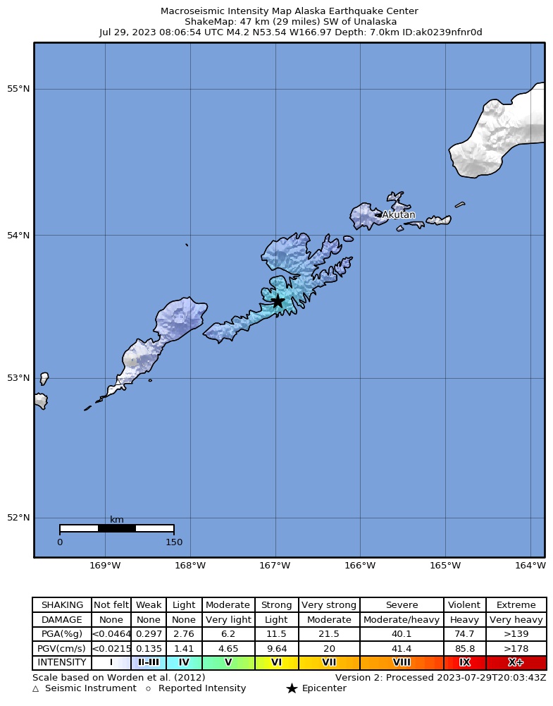 USGS ShakeMap: estimated shaking intensity around the epicenter