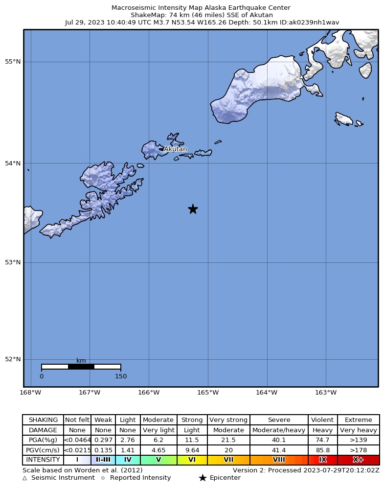 USGS ShakeMap: estimated shaking intensity around the epicenter