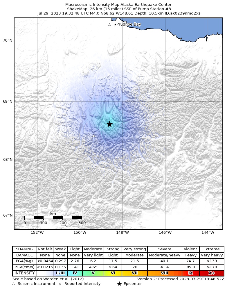 USGS ShakeMap intensity contours for the M4.0 earthquake near 136 km WNW of Arctic Village, Alaska