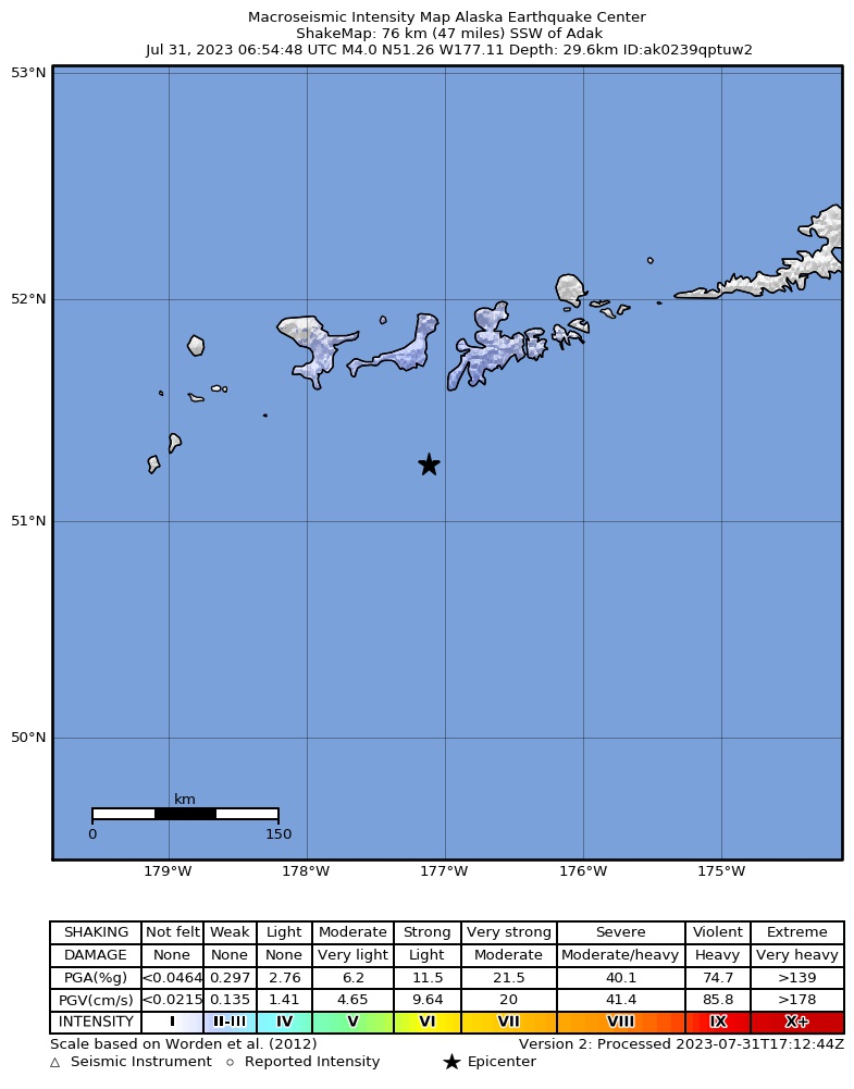 USGS ShakeMap: estimated shaking intensity around the epicenter